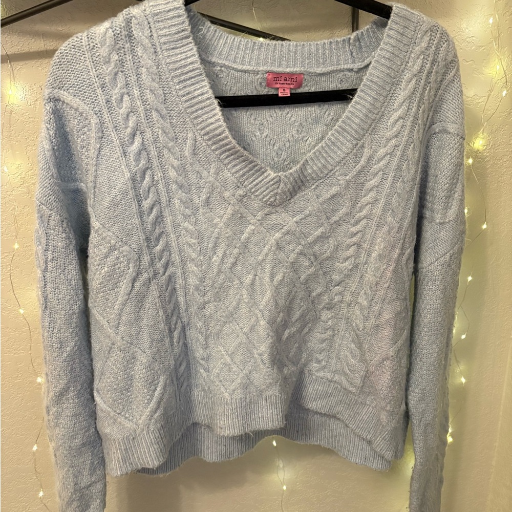 Soft Blue V-Neck Cable Sweater